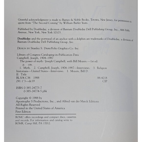 The Power of Myth Joseph Campbell 1st Edition BOMC 1988 Hardcover W/ Dust Jacket - Picture 4 of 4